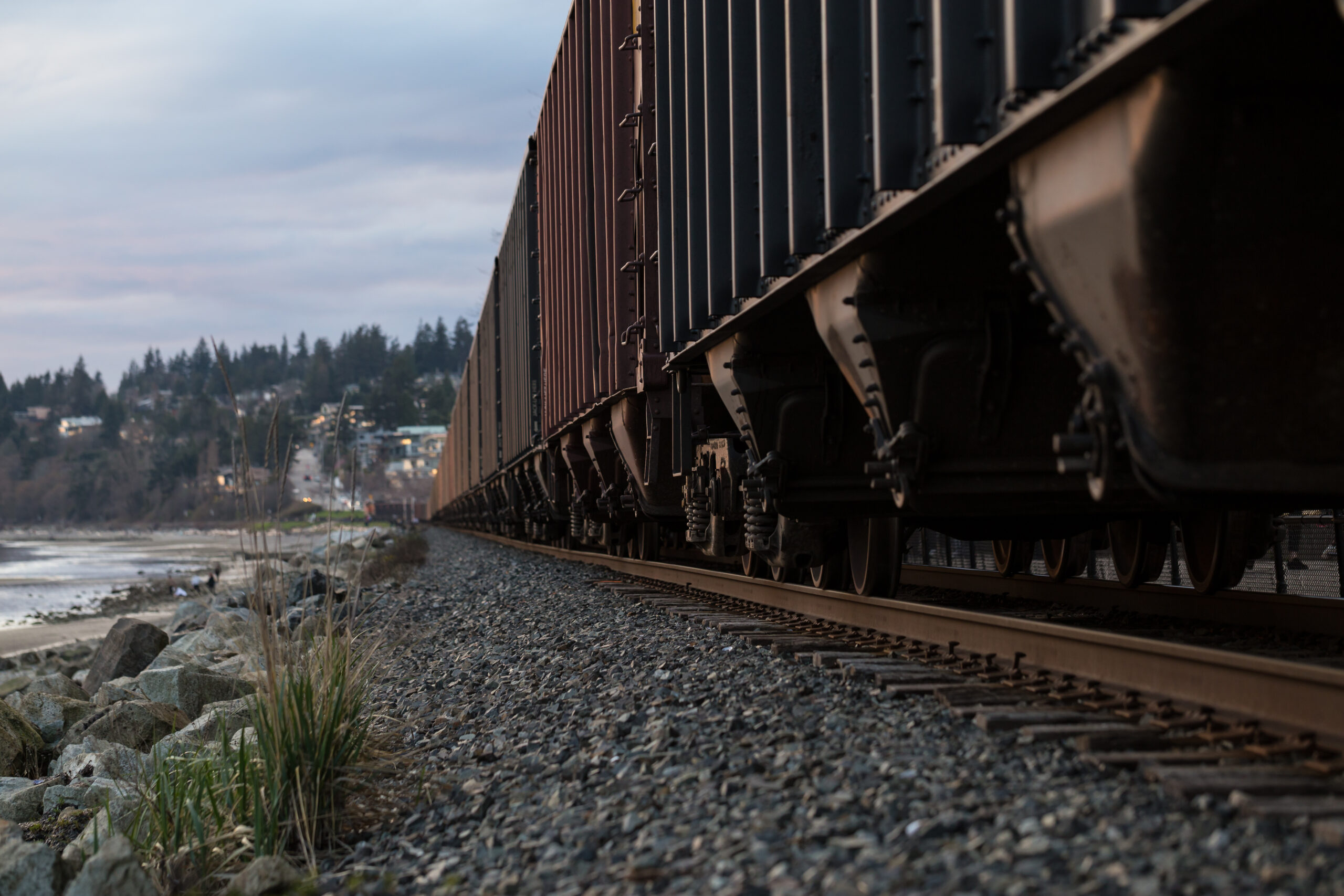 A low-angle view of train cars along a rocky shoreline with trees and buildings in the background