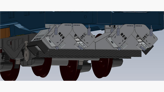 Technical illustration of a detailed view of train car components, including wheels and mechanical parts
