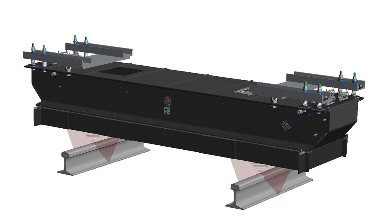3D model of a train maintenance platform with track supports and mechanical components